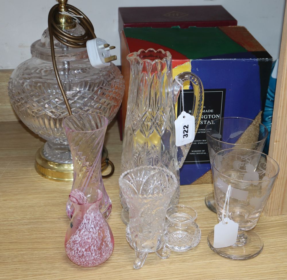 A cut glass table lamp, a Dartington glass trifle bowl, a pair of 19th century rummers and four other pieces of glassware